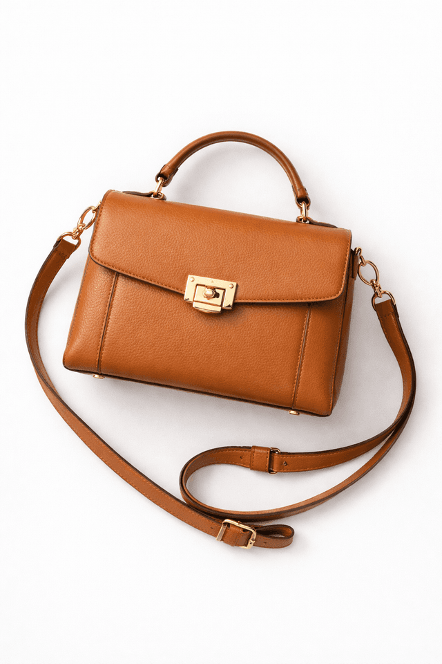 Leather handbag flat-lay